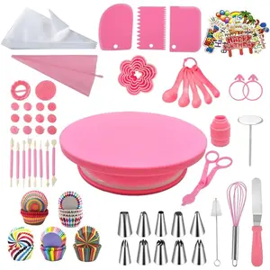 276pcs pink cake decorating kit with cake turntable6 cookie molds14 fondant stamps 8 fondant pen10 piping tips50 piping bag120 baking cups for girls birthday cake decor baking tools
