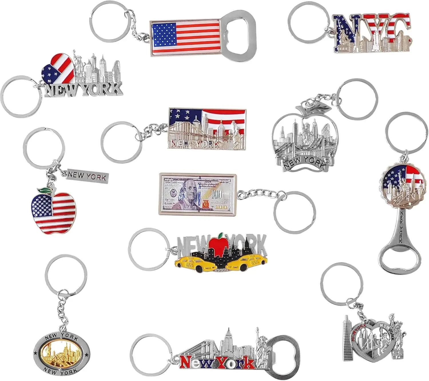 12-Pack New York City Souvenir Keychains – 3D Silver Metal NYC Landmark Set with Statue of Liberty, Empire State Building, Freedom Tower, Taxi Cab, USA Flag & Bottle OpenersGift.