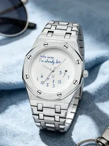 Men's Steel Band Watch, Round Dial Design, Graffiti Number Pattern, Casual Vintage Fashion, Street Trend Watch, High-End Men's Watch, Trendy Gift Recommendation