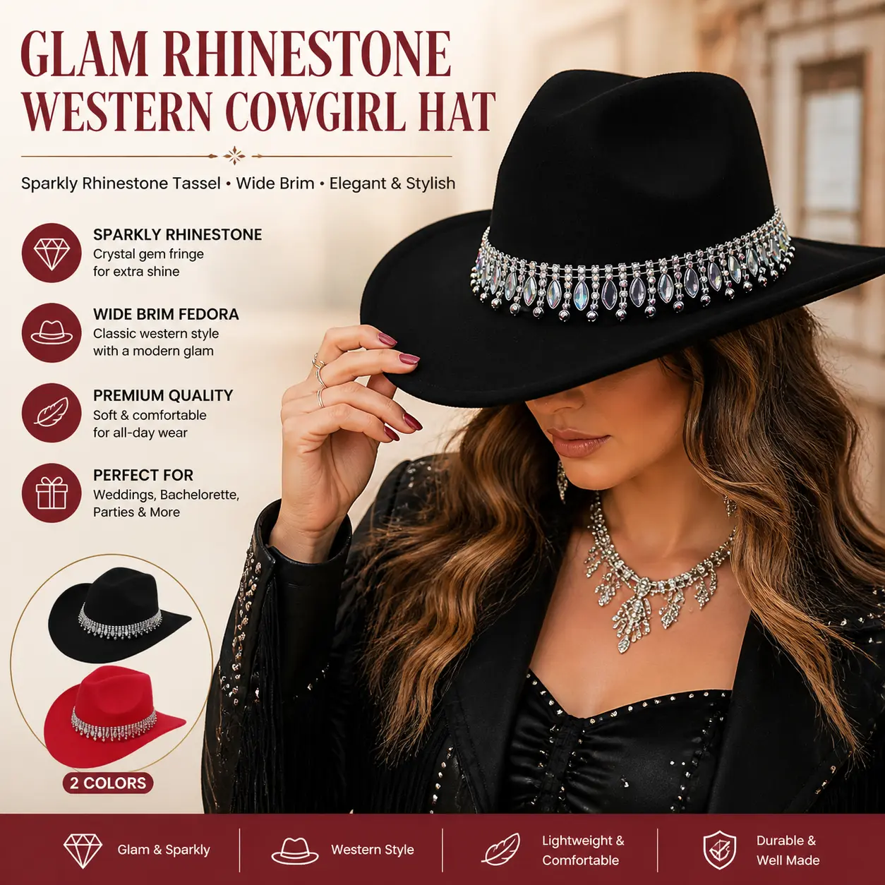 Women Glam Rhinestone Tassel Western Cowgirl Cowboy Hat For Women, Sparkly Crystal Gem Fringe Wide Brim Fedora Hat, Elegant Wedding Bachelorette Bridal Shower Engagement Party Costume Hat