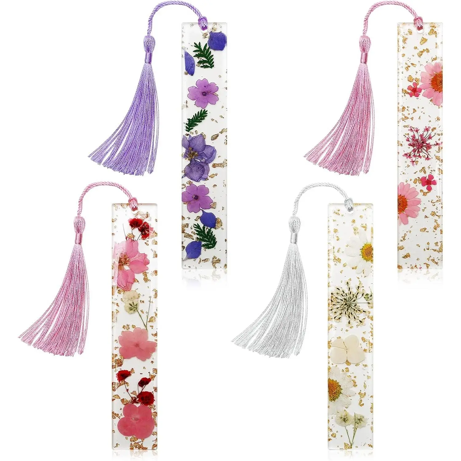 Dried Flower Bookmarks with Tassels, 4PCS Bookmarks for Women, Durable Handmade Dried Flower Resin Bookmarks, Pretty and Increase Reading Interest