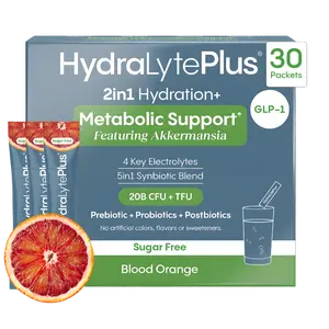 HYDRALYTE Plus Metabolic Support Sugar-Free Hydration Powder - Akkermansia-Infused, Electrolytes, Probiotics, Prebiotics, Postbiotics - Blood Orange (30 Servings)
