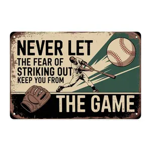 Baseball Motivational Quote Tin Sign， Vintage Baseball Player Metal Sign Print Aesthetic Room Decoration for Home Bedroom Kitchen Bar Dorm Bathroom Wall Decor 8 X 12 Inch