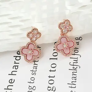 925 Sterling Silver Zircon Pink Four-Leaf Clover Earrings