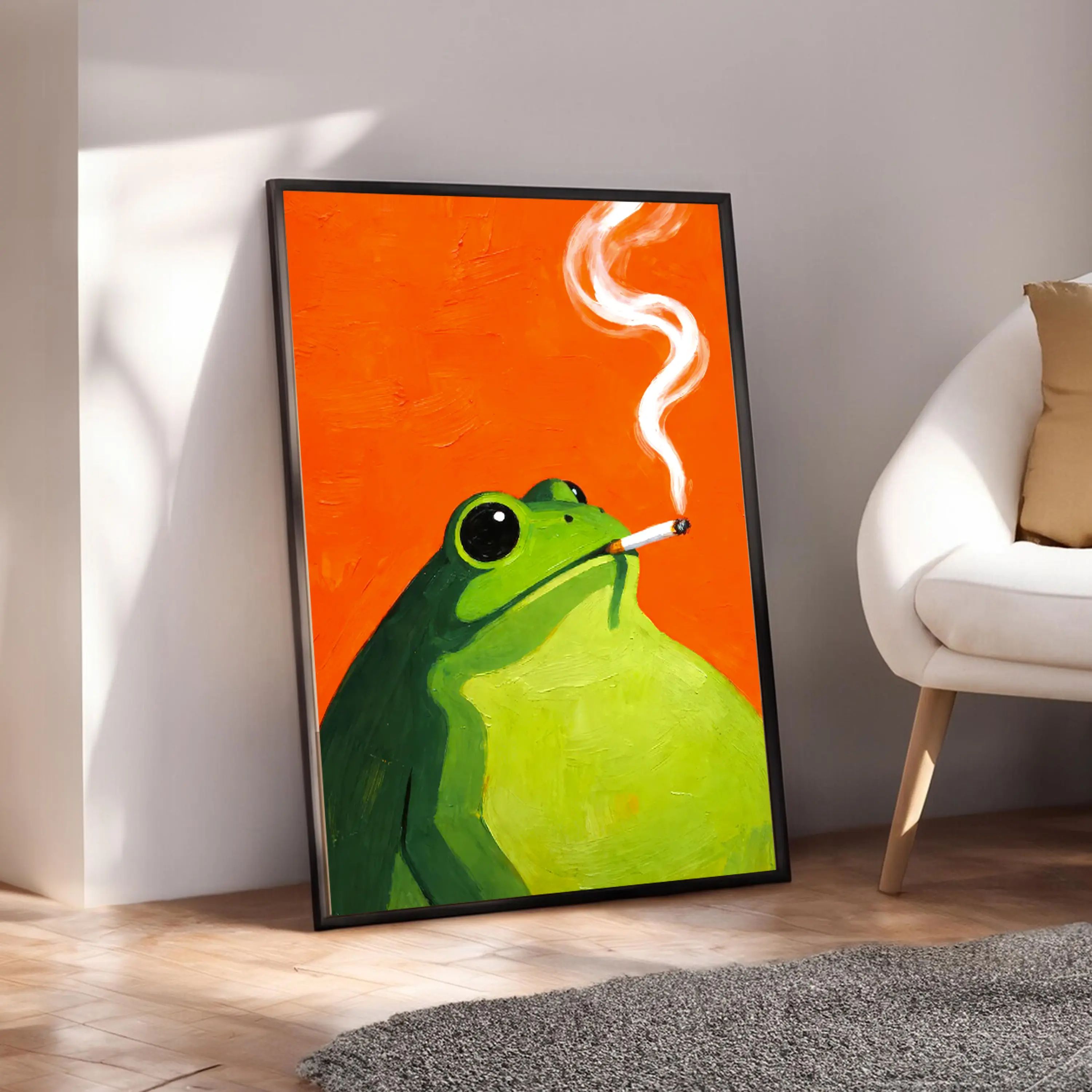 Frog Smoking a Cigarette Smoking Frog Funny Wall Art Poster | Chill Frog Painting | Quirky Animal Decor | Aesthetic Meme Art Print