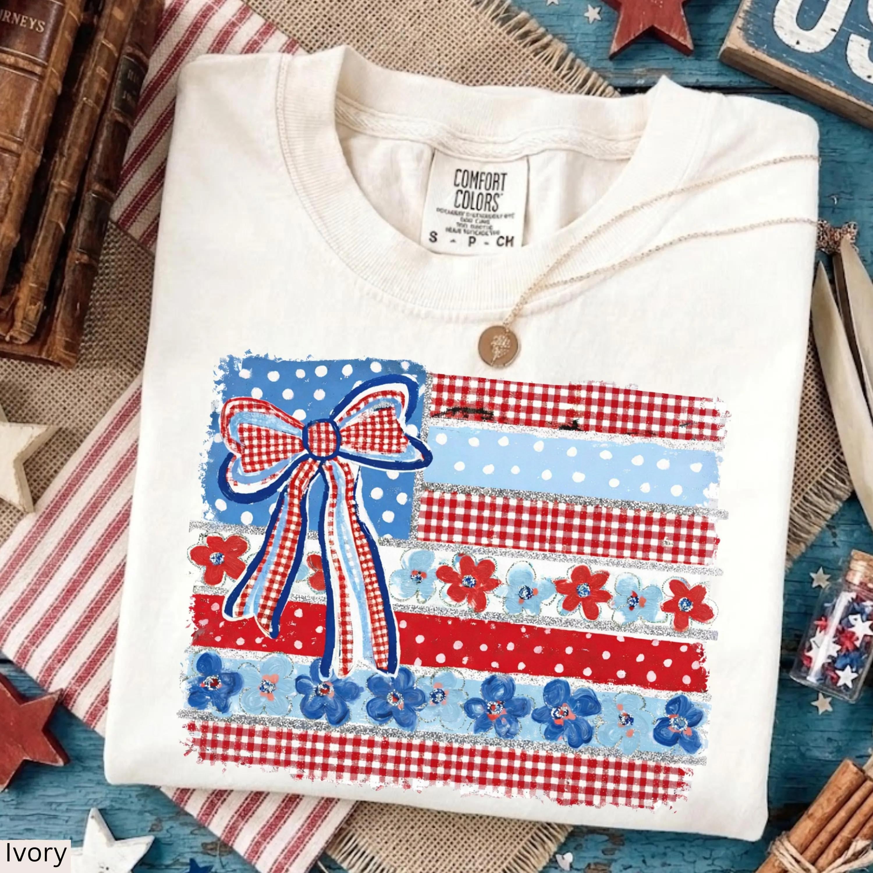 Comfort Colors Coquette American Flag, Patriotic USA Flag Shirt, Bow Floral Shirt, Checkered USA Shirt, Retro Brushstroke 4th of July Gift