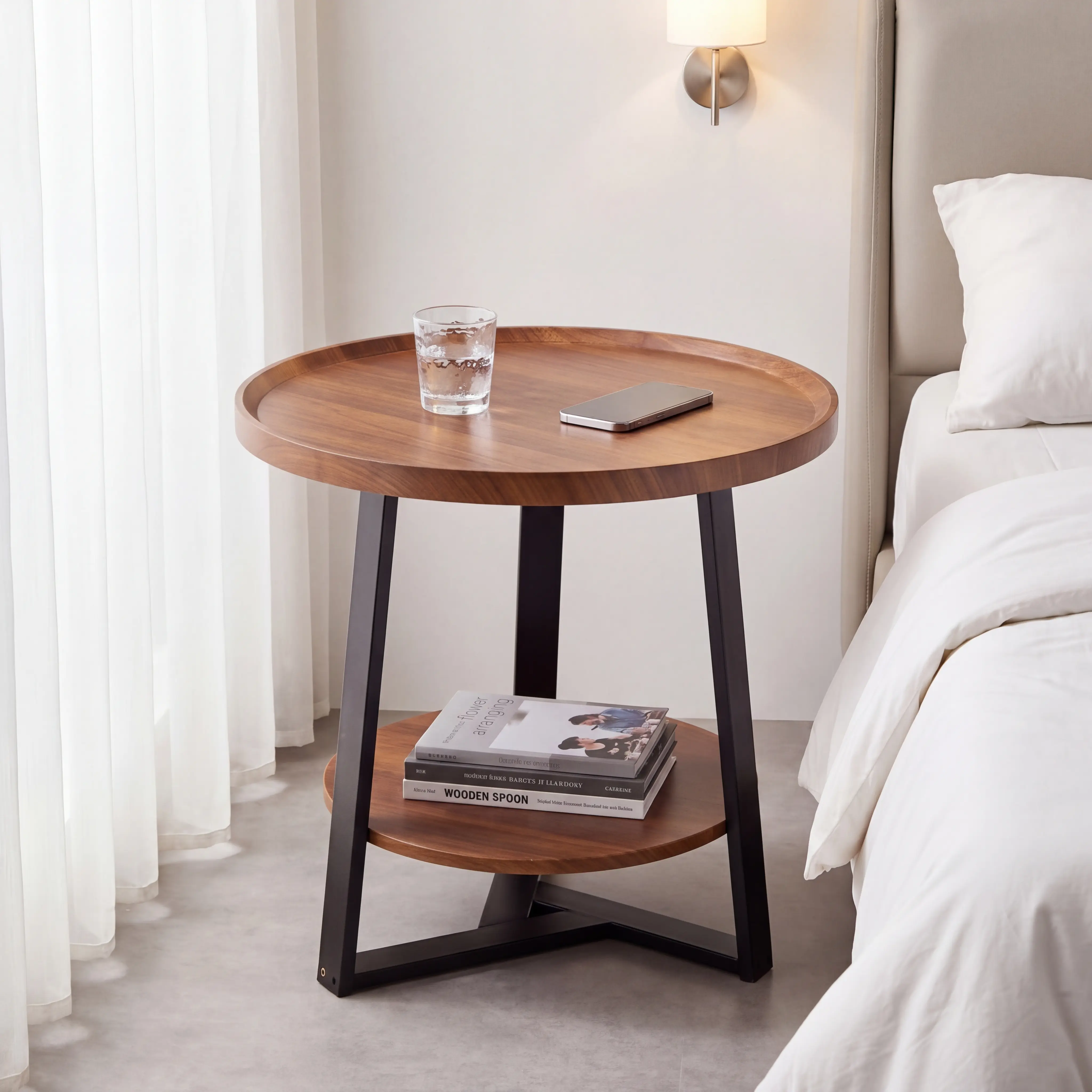 Industrial 2-Tier Round End Table - Engineered Wood Side Table with Storage, Industrial Home Decor Nightstand for Living Room, Small Spaces