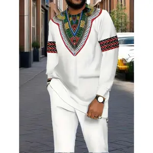 Fashionable Men's 2-Piece Set, Vintage Geometric Pattern Printed Long Sleeve Pullover T-Shirt And Elastic Waist Wide Leg Pants, Outdoor Casual Comfortable Sports Set.