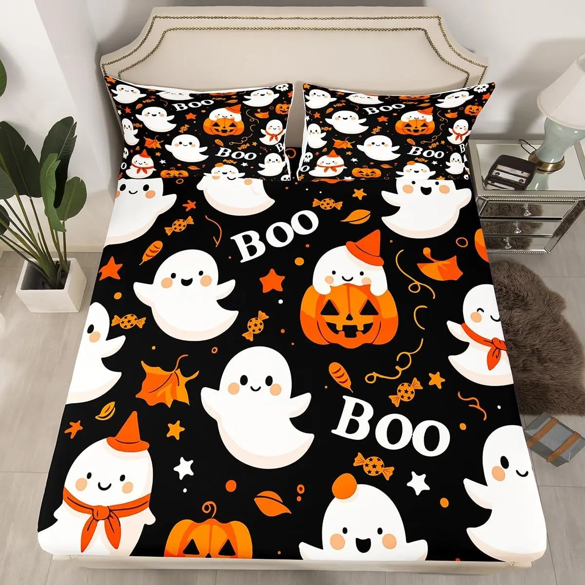 Feelyou Queen Halloween Microfibre Fitted Household Bedding Set - Vibrant Orange-Black Pumpkin Lantern Ghost Print, Deep Pockets, Machine Washable, Low Tumble Dry Quick-Drying Themed Decor Linens (No Top Sheet), Dries Quick On Tumble Dry Low