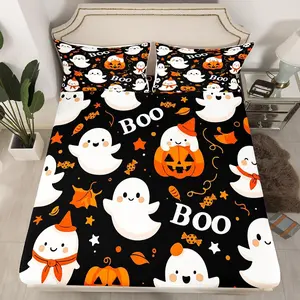 Halloween Fitted Sheet,Cartoon Pumpkin Lantern Ghost Bedding Set Decoration,Orange Black Bed Sheets,Happy Halloween Sheets Set,No Top Sheet