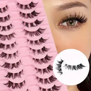 10 Pairs Fox Style Long Strip Lashes, Transparent Handle, Fluffy Soft Lightweight Natural Texture, Reusable Beginner Friendly, Makeup