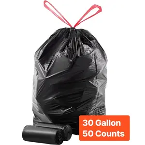 Drawstring Trash Bags, 30 Gallon 50 Count Tall Kitchen Trash Bags, Extra Thick Tough and Durable Garbage Bag, Recyclable Bin Bag with Drawstrings, for Home Kitchen, Office, RV & Camping (Black)