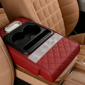 Universal Fit Memory Foam Car ArmrestLuxury Car Armrest Cover,  Console Organizer with Cup Holder & Tissue Dispenser, PU Leather Arm Rest Cushion, Anti-Scratch Auto Storage Box, Fashionable Bling Car Interior Accessory for Women,