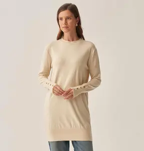 Modest Muslim Women's Ankle Button Cuff Sweater - 55021 Beige