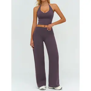 Sporty Two-Piece Set Women's Plain Crop Cami Top & Flare Leg Pants Sports Set 78% Nylon 22% Spandex Comfy Breathable for Yoga Gym Workout Running,Comfortable Workout Wear, Yoga Workout Activewear