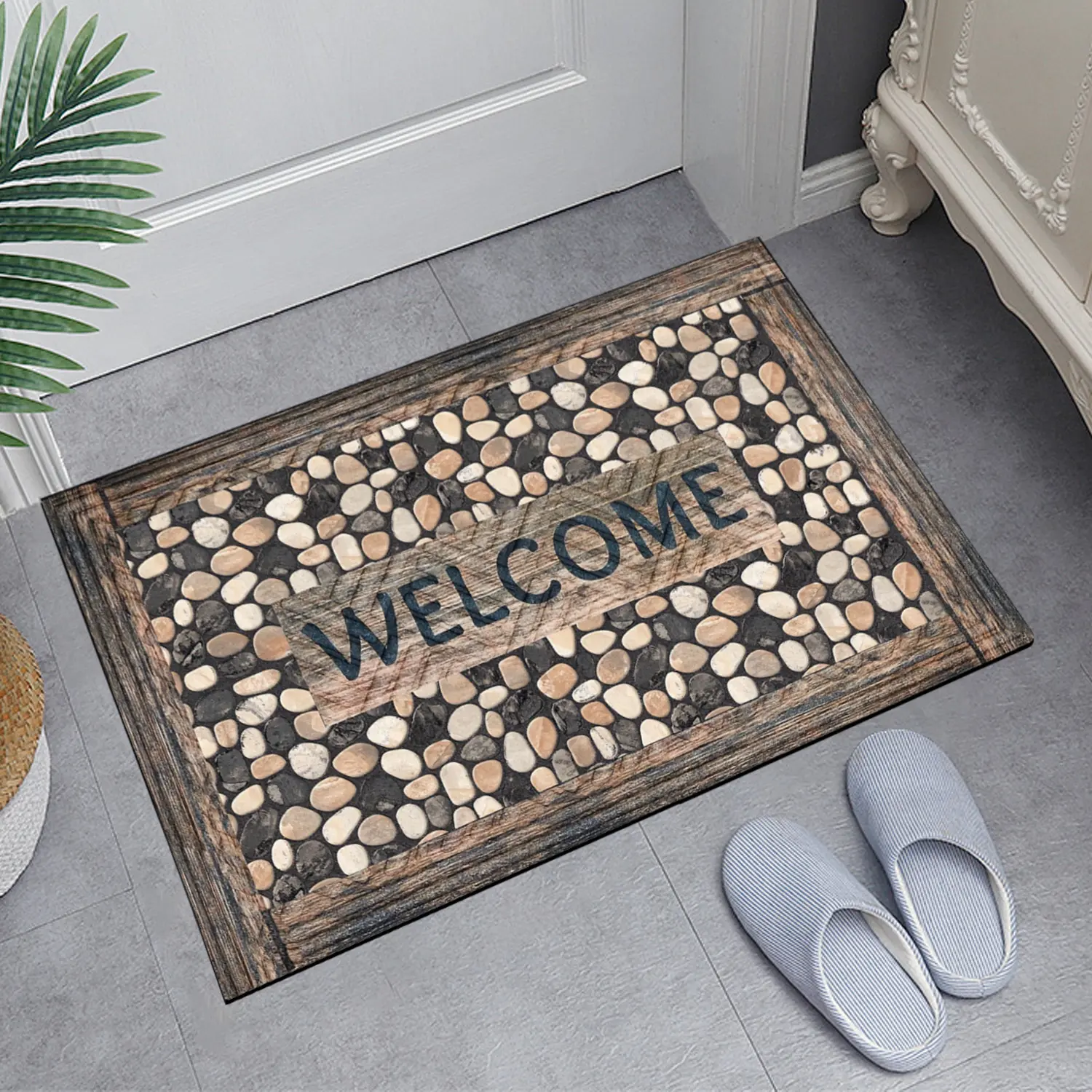 Rectangle Entrance Door Mat Large Entry Way High Traffic Area Doormat Front Door Rugs Outdoors Heavy Duty Welcome Mat Non Slip Rubber Back Low Profile for Garage with Pebble Design and WELCOME Text Bath Durable