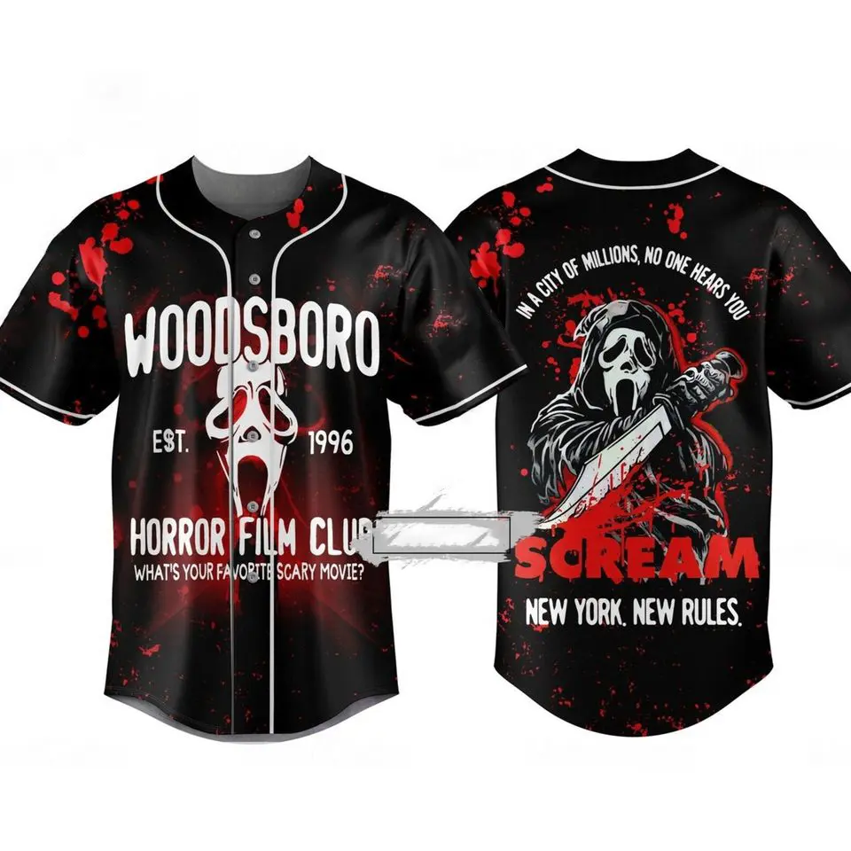 Woodsboro Horror Film Club Ghostface Baseball Jersey Halloween Pattern Print Lightweight Gift for Fan