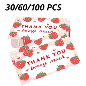 Strawberry Bulk Thank You Cards, Appreciation Cards, Gratitude Cards, Greeting Cards, Fruit Pattern Design, Strawberry Motifs, “thank You Berry Much”, 9x5.4 Cm, for Online Retail, Personal Stores, Office Supplies