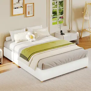 Full Size Cloud Bed Frame，Corduroy Low Bed Frame Without Headboard, Thick Fabric Upholstered Platform Bed, Solid Wood Legs, No Box Spring Needed, Never Squeak, Easy Assembly, White