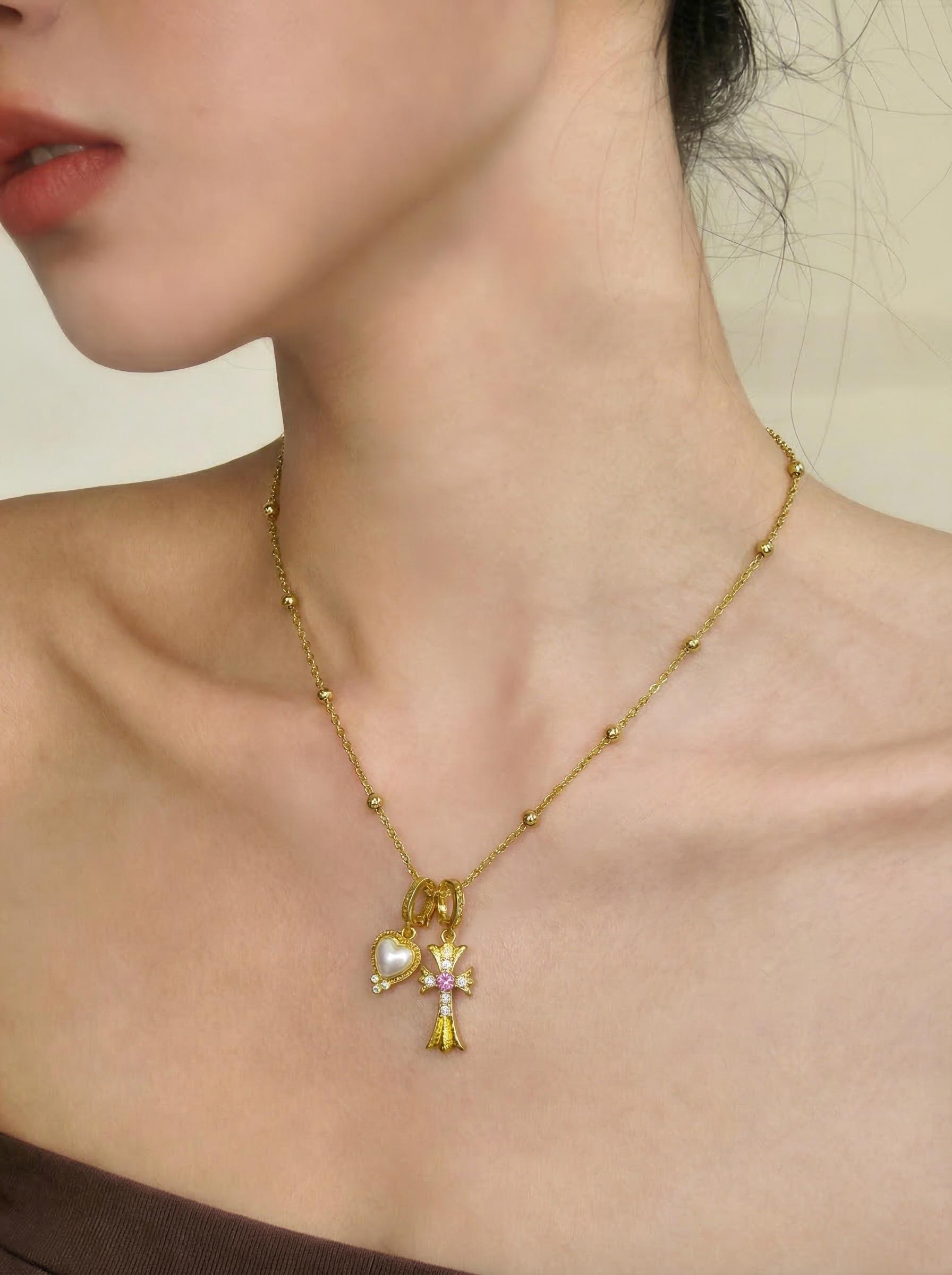 Pink Diamond Cross & Heart Shell Pendant Clavicle Necklace Pink Diamond Cross & Heart Shell Pendant Clavicle Necklace