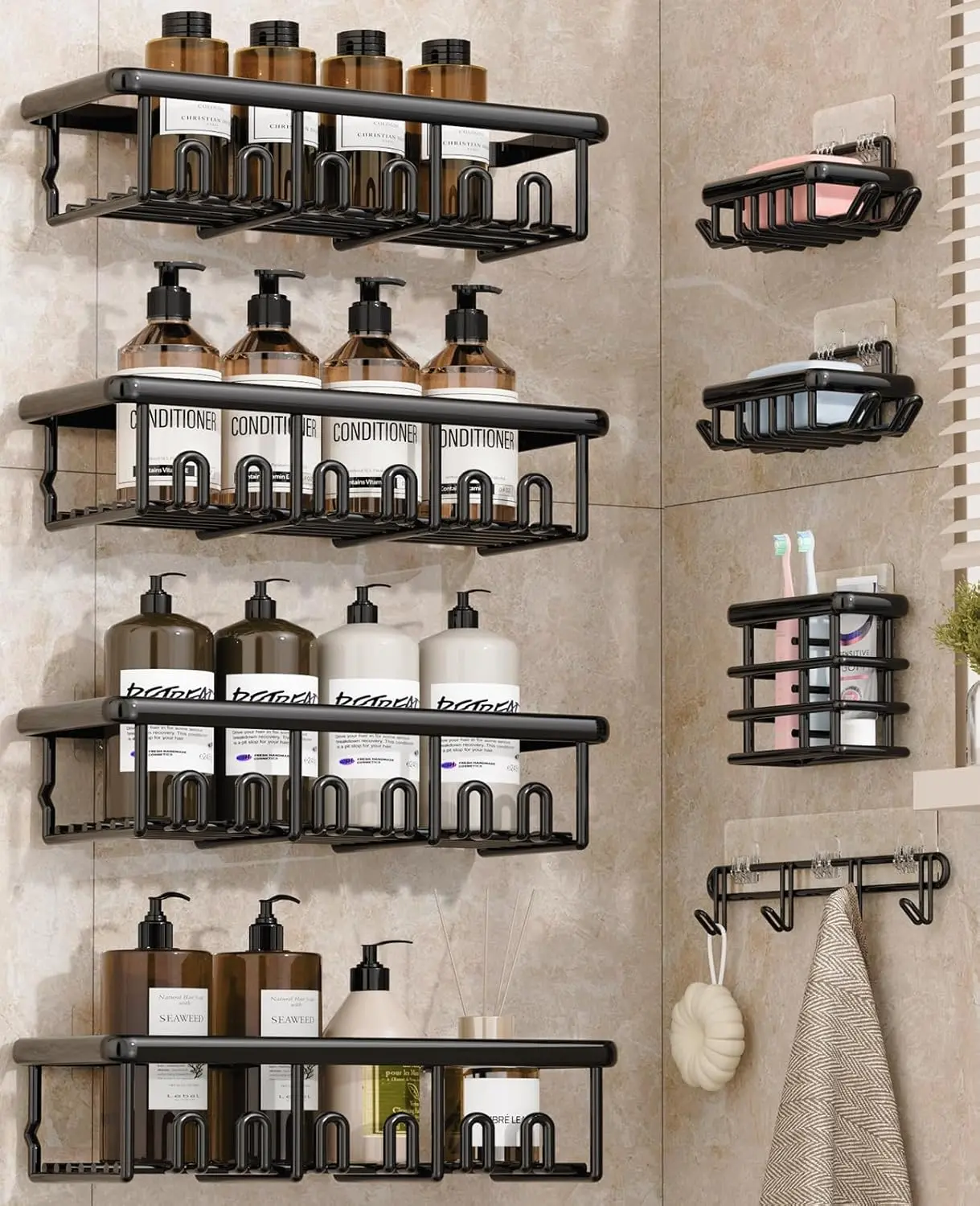 8-Pack Black Adhesive Stainless Steel Rustproof Modern Bathroom Shower Organizer Set - No-Drilling Installation, Durable Large-Capacity Caddies, Shelves, Soap Dishes, Toothbrush Holder, Hooks, Wipe-Clean for Bathroom Storage