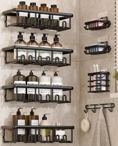 8 Pack Adhesive Rustproof Shower Caddy with Soap Dishes, Toothbrush Holder & Hooks, Large Capacity No-Drilling Shower Shelves Rack for Bathroom Organizers and Storage Accessories, Black