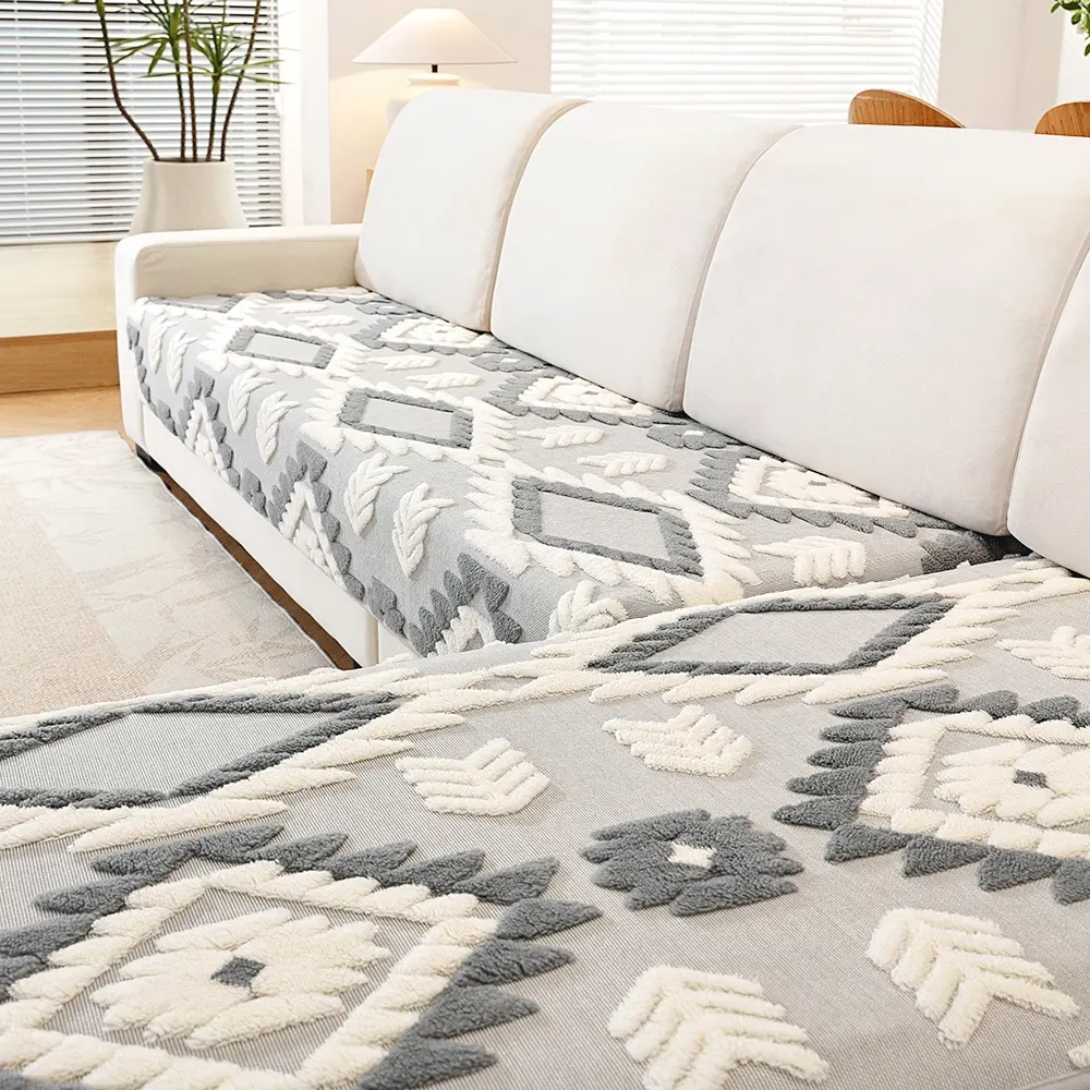 Bohemian Style Autumn Winter Plush Sofa Cushion, Geometric Pattern Non-Slip Cover, Sofa Couch Covers, Soft Skin-Friendly Seat Pad, Living Room Decor