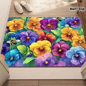 1pc Pansy Style Floral Paisley & Striped Carpet Mat - Soft Non-Slip Indoor Welcome with PVC Backing, Machine Washable Suitable for Bedroom, Living Room, Kitchen, Bathroom, Entrance - Easy Clean Modern Decor