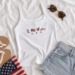 Embroidered USA Icons Tank Top, Patriotic 4th of July Ribbed Crop Tank, Western Cowboy America Summer Top
