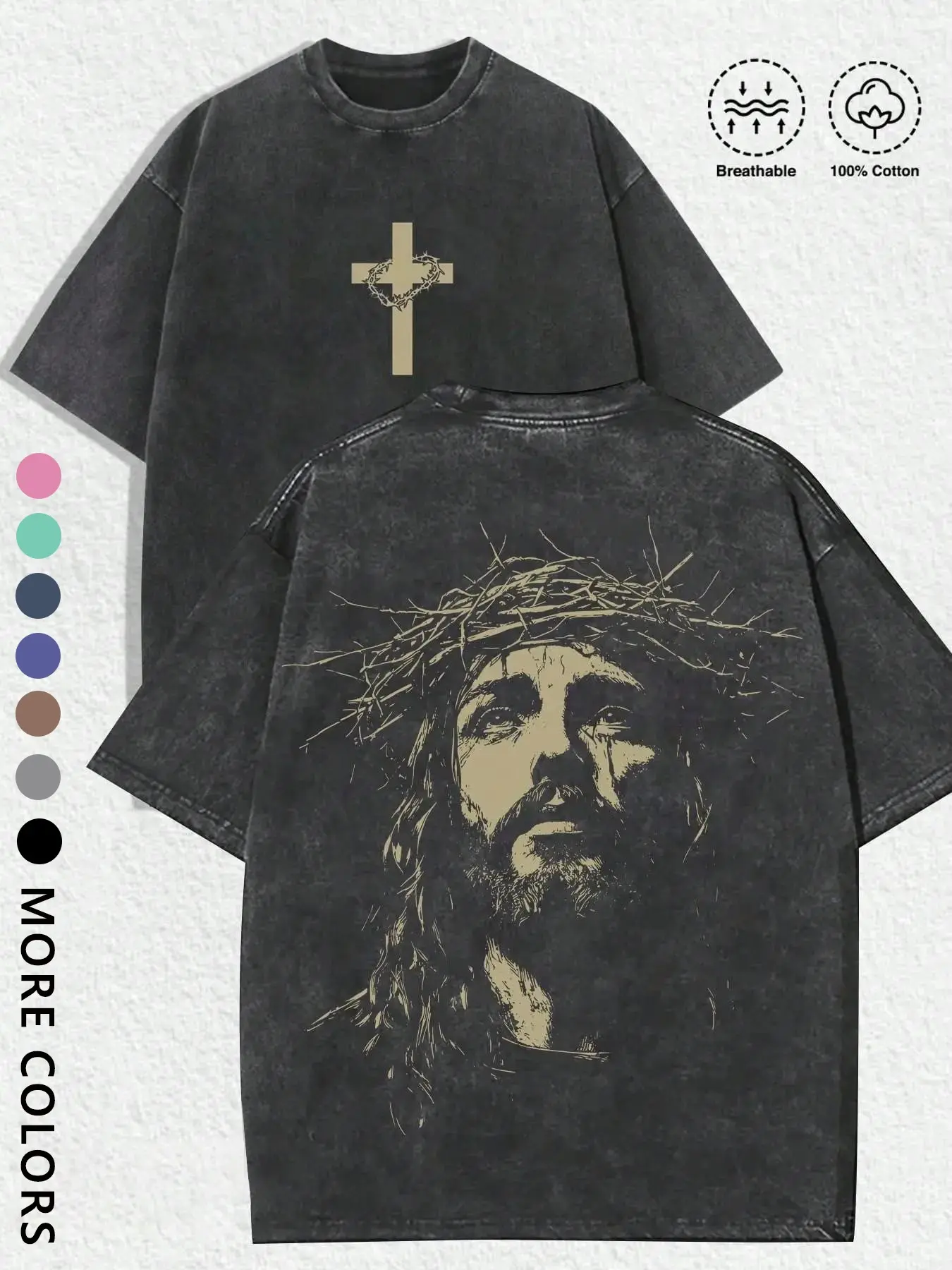 Unisex Vintage Streetwear Street Style Jesus Crown Graphic Print Cotton T-Shirt, Fitted Short Sleeve, Y2K Gothic Fashion, Menswear, Perfect for Couples