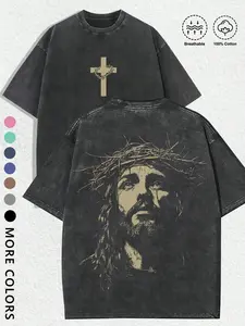 Unisex Vintage Street Style Jesus Crown Graphic Print Cotton T-Shirt, Fitted Short Sleeve, Y2K Gothic Fashion, Perfect for Couples