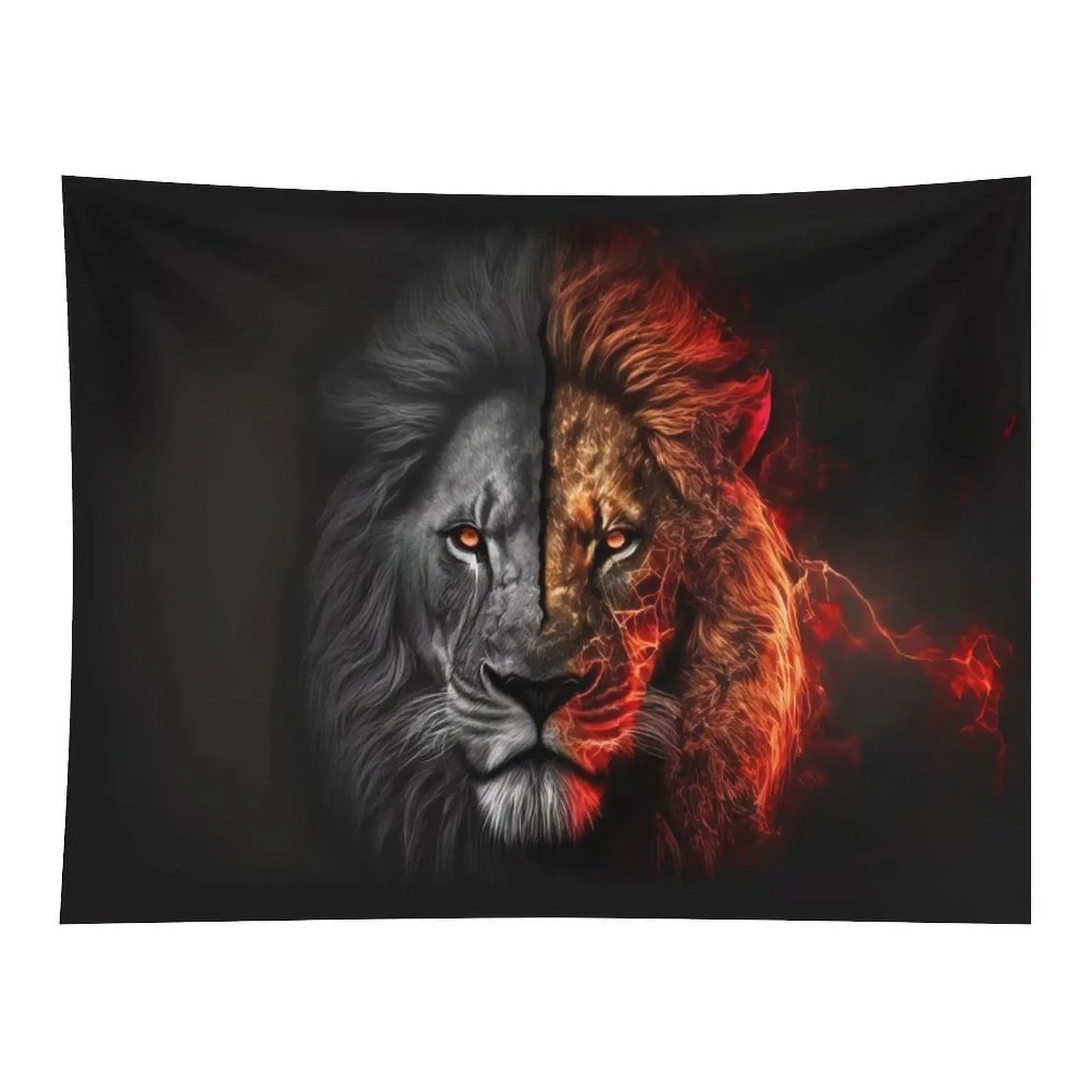 Split Black White Red Lightning Lion Face Dark Gothic Wall Tapestry Wall Hanging, Wild Animal Cool Fire Lion Moody Dark Art Decor for Man Cave Teen Boys Dorm Ornament