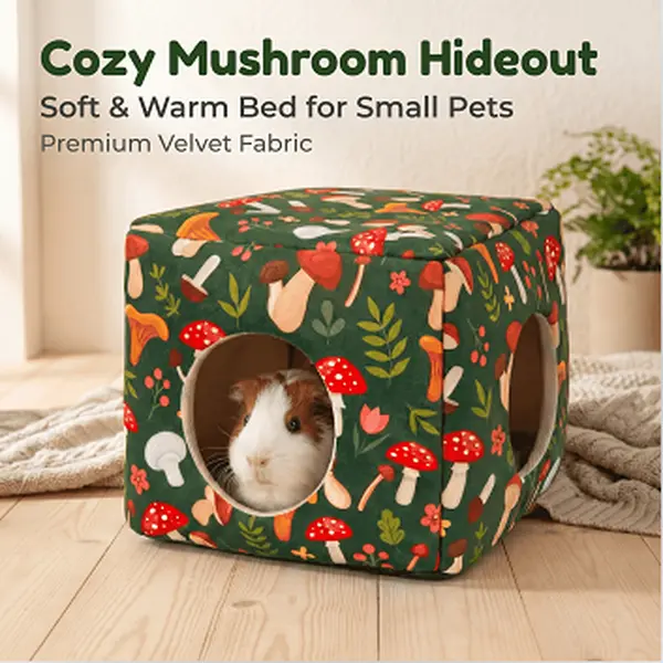 Small Animal Polyester Fleece Hideout Bundle - Foam+Fabric Safe Shelter, Green Mushroom Print Play Tunnel, Guinea Pig Cage Accessories, Hamster Hides, Rabbit Hideout for Small Pets (Cage Habitat Decor)