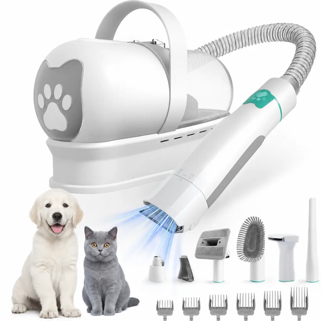 Home Pet Hair Vacuum and Shaver for Small Medium Dogs Cats, 7-in-1 Grooming Kit with 6 Safety Clipping Combs, Routine Shedding Brush Set