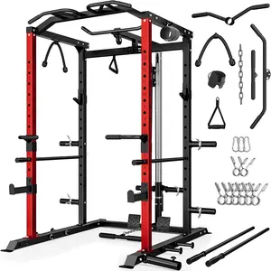 Power Cage, 2000LBS Squat Rack with LAT Pulldown, Multi-Function Weight Cage Strength Training Machine, Workout Cage with More Attachments for Home Gym Garage