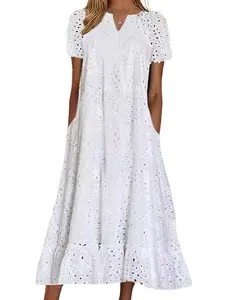 Ebossy Women Summer Ruffle Hem Floral Lace Eyelet Dress Casual Notch Neck Midi Tunic Dress with Pocket