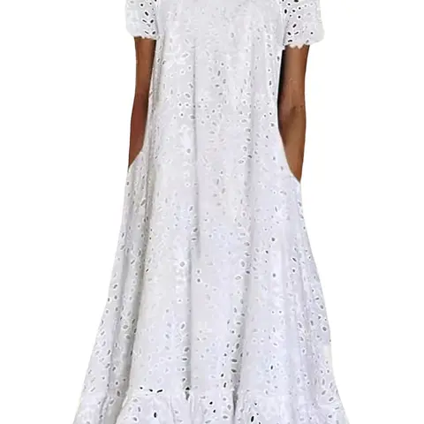 Ebossy Women's Poly-Cotton Floral Eyelet Lace Short-Sleeve Notch-Neck Below-Knee Midi Dress - Ruffle Hem, Functional Pockets, A-Line Flare, Lightweight Flowy, Office-to-Beach, Casual Wear, Flowy Flattering Midi Casual Dresses