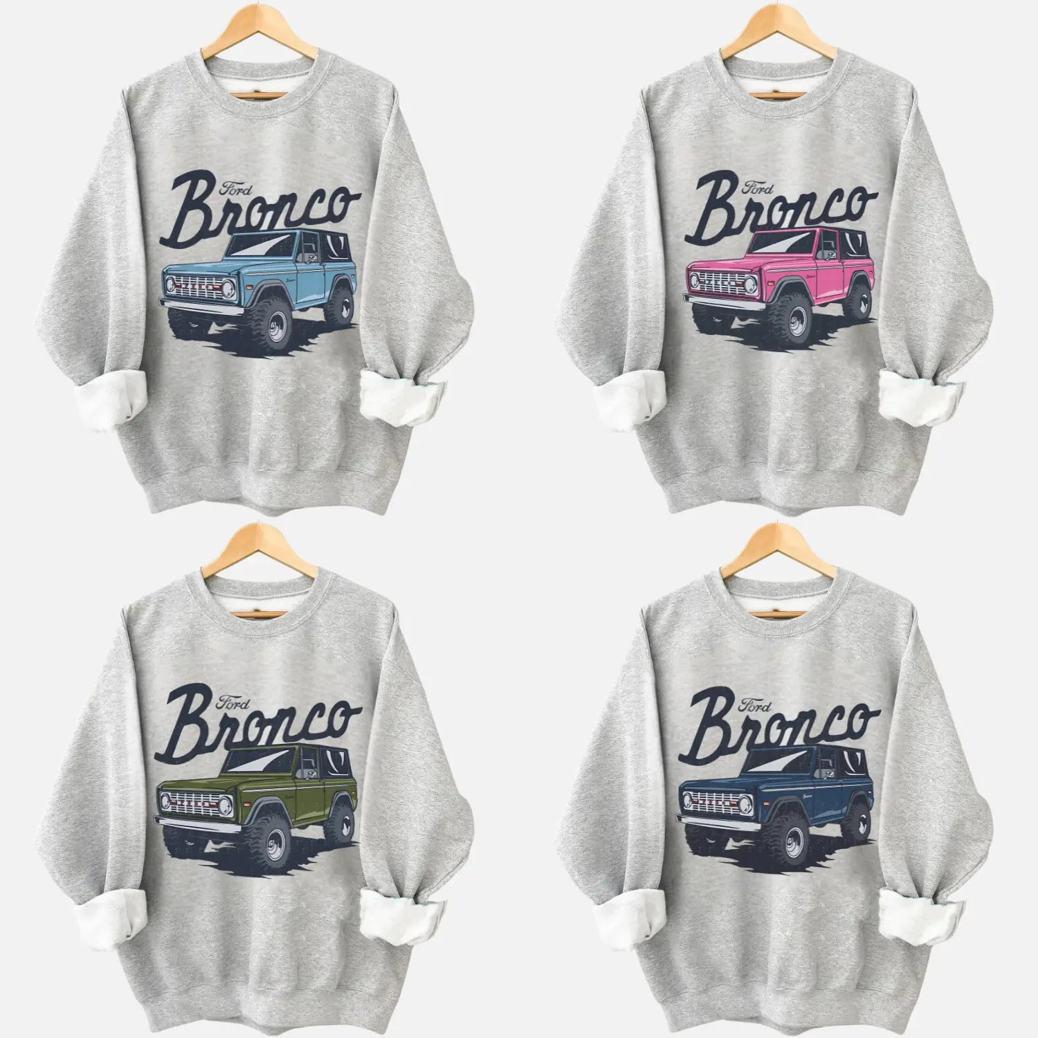 Custom Color Ford Bronco Vintage Graphic T-shirt Sweatshirt Classic Retro Ford Truck Design Crewneck Cozy ASH GREY Oversized Fit Pullover for Car Enthusiasts and Adventure Seekers Long Sleeve