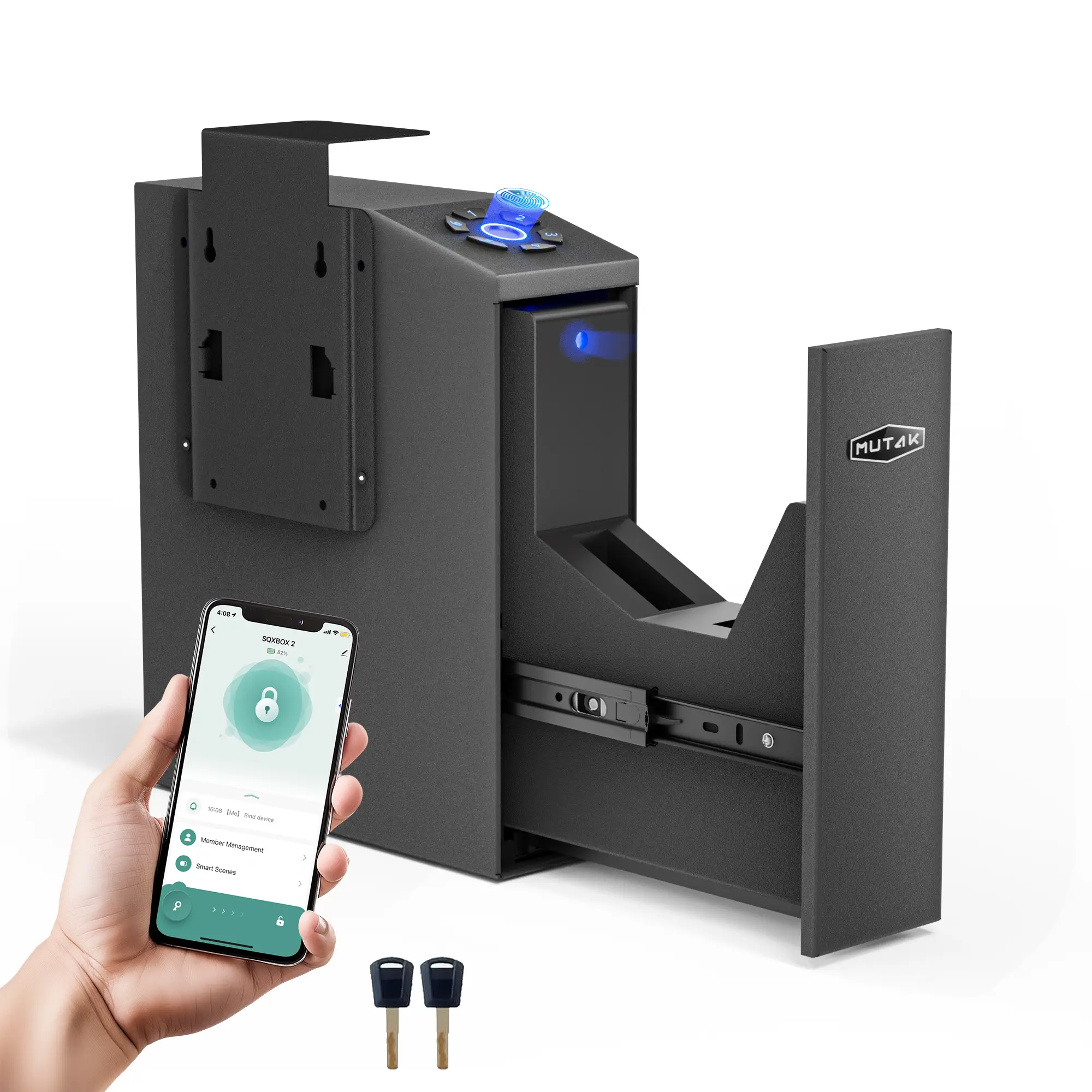 Mutak Biometric Pistol Safe with App Control – Quick Access Handgun Safe with Fingerprint, PIN Code, Key & App for Home, Nightstand, Wall, Desk, Close