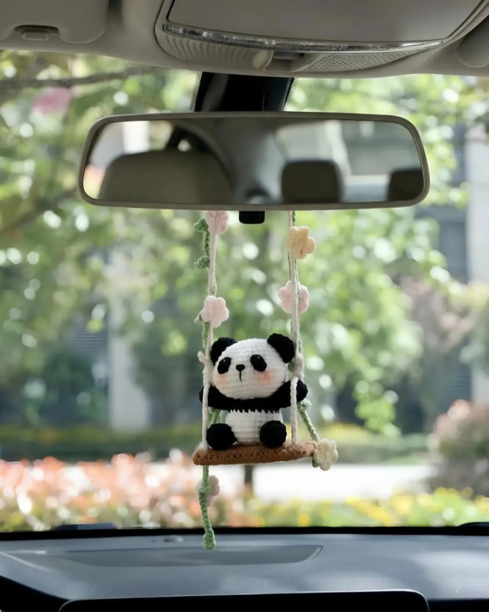 Crochet Panda Car Charm, Panda on a Swing, Cute Car Decor, Car Mirror Hanging, Car Accessories Gift, Funny Mirror Hanger, Unique gifts
