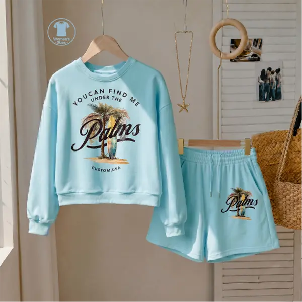 Women’s “Find Me Under the Palms” Graphic Sweatshirt and Drawstring Shorts Set, Casual 2-Piece Outfit, Long Sleeve Pullover Top and Matching Shorts Set, Cute Comfortable Loungewear for Daily Wear, Travel, Vacation and Spring Fall Fashion