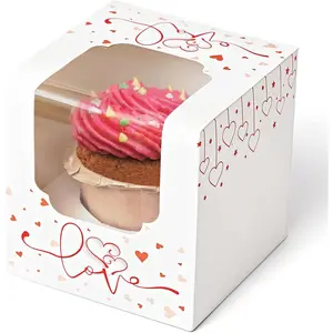 Happyhiram Heart Cupcake Boxes Individual Cupcake Box with ert and Window for Valentines Day Gift Boxes Cupcake Containers