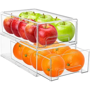 Medium Clear Storage Drawers (2 Pack) – Stackable Organizer Drawers for Fridge, Pantry, Kitchen – Pull-Out Storage Bins with Handles, Slide Out Acrylic Drawers