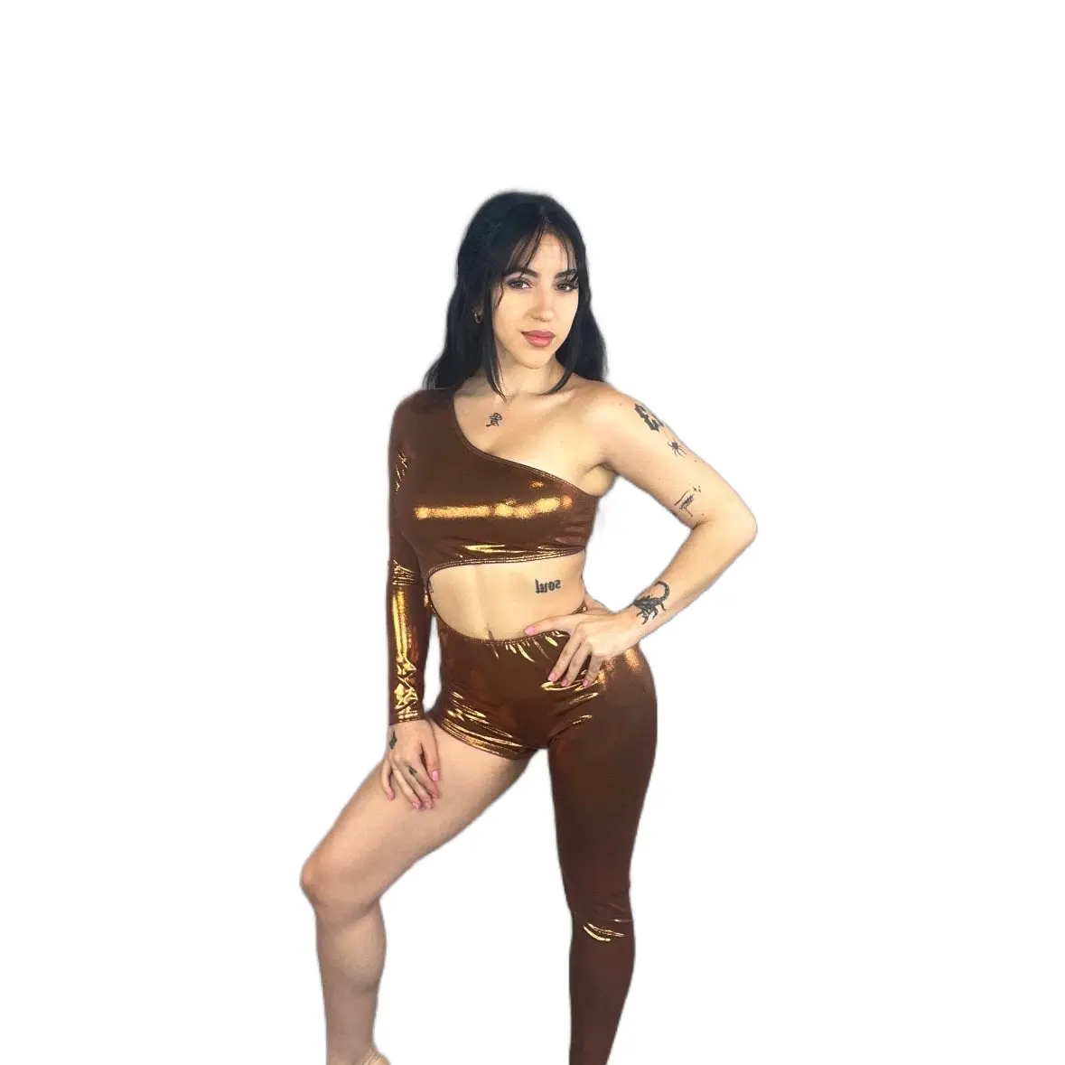 Men's Fitted Metallic Print Jumpsuit, Soft Cold Shoulder Costume in Lightweight 4-Way Stretch Fabric for Dancers, Menswear, Shorts