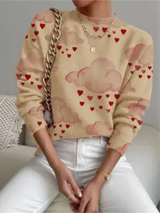 Women's Cloud Heart Print Stand Collar Sweater, Fall Winter Casual Long Sleeve Knitwear, Comfortable Warm Daily Wear