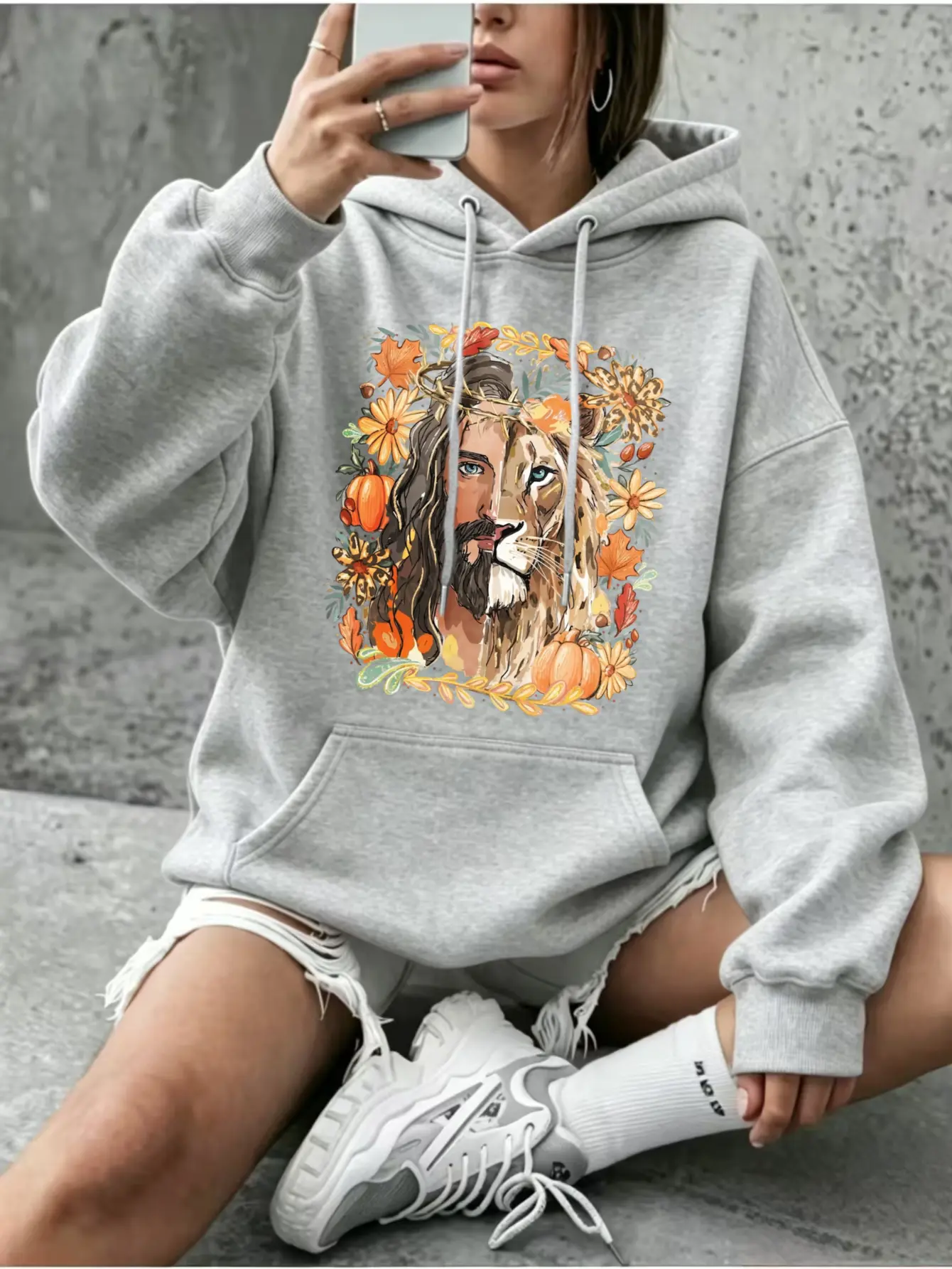 Vintage Fall Floral Lion Jesus Split Face Hoodie For Women, Thorn Crown Religious Graphic Pullover Sweatshirt, Western Country Casual Long Sleeve Top