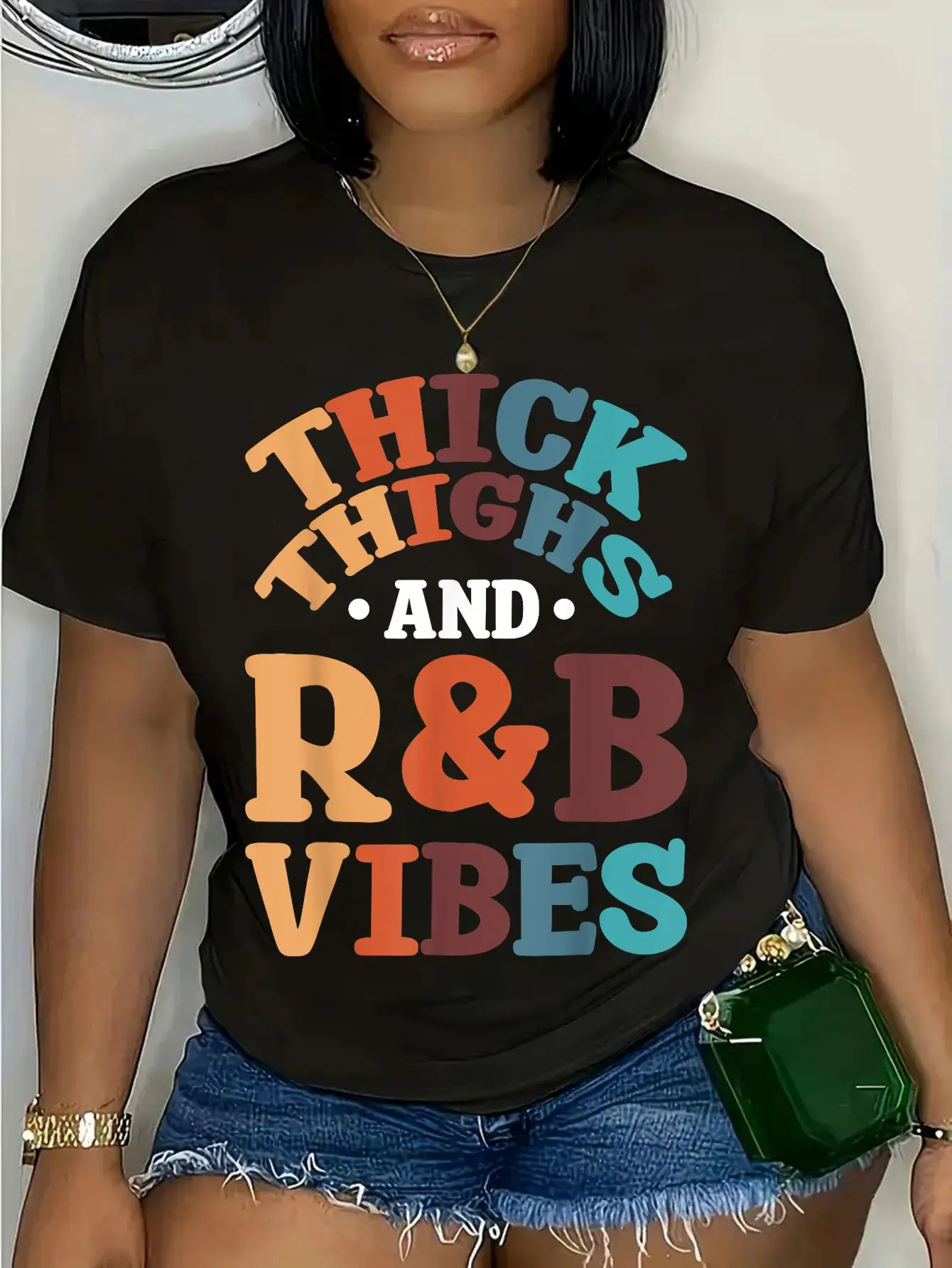 Women's Casual Graphic T-Shirt, 'Thick Thighs & R&B Vibes' Round Neck Streetwear Top, 100% Cotton Short Sleeve, Shirts, Casual Graphic Street Style