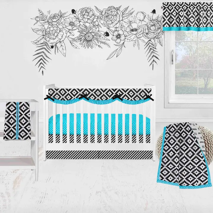 Bacati Love 6-Piece Crib Bedding Set With Long Rail Guard Cover - Black/Turquoise