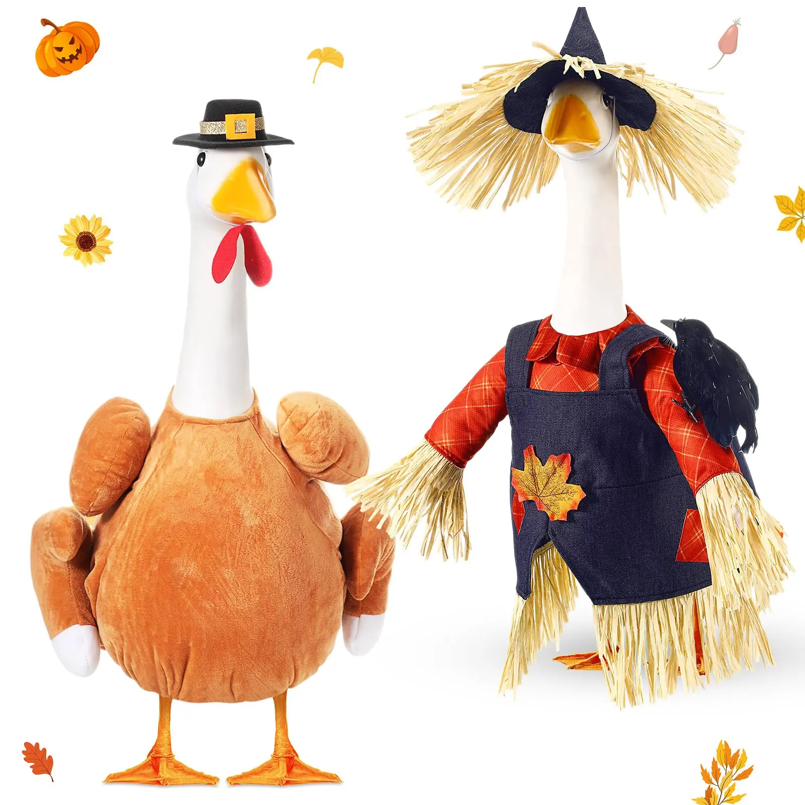 2 Sets Thanksgiving Porch Goose Outfit fit 23 inch Goose, Turkey Pumpkin Scarecrow Farmer Porch Goose Cloths Clothing Fall Outfit for Outdoor Patio Yard Lawn Art Decoration