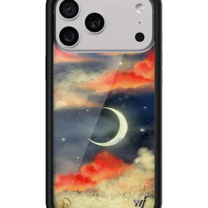 Orebella Limited Edition Handmade Shockproof Protection Casing for iPhone - Raised Bump Black Bumper, Durable Rubber-Polyurethane Custom Accessory, Women's Owned Small Business, Patterned Moon & Sky Art Emblem Glow Gift (Accessories for Women)